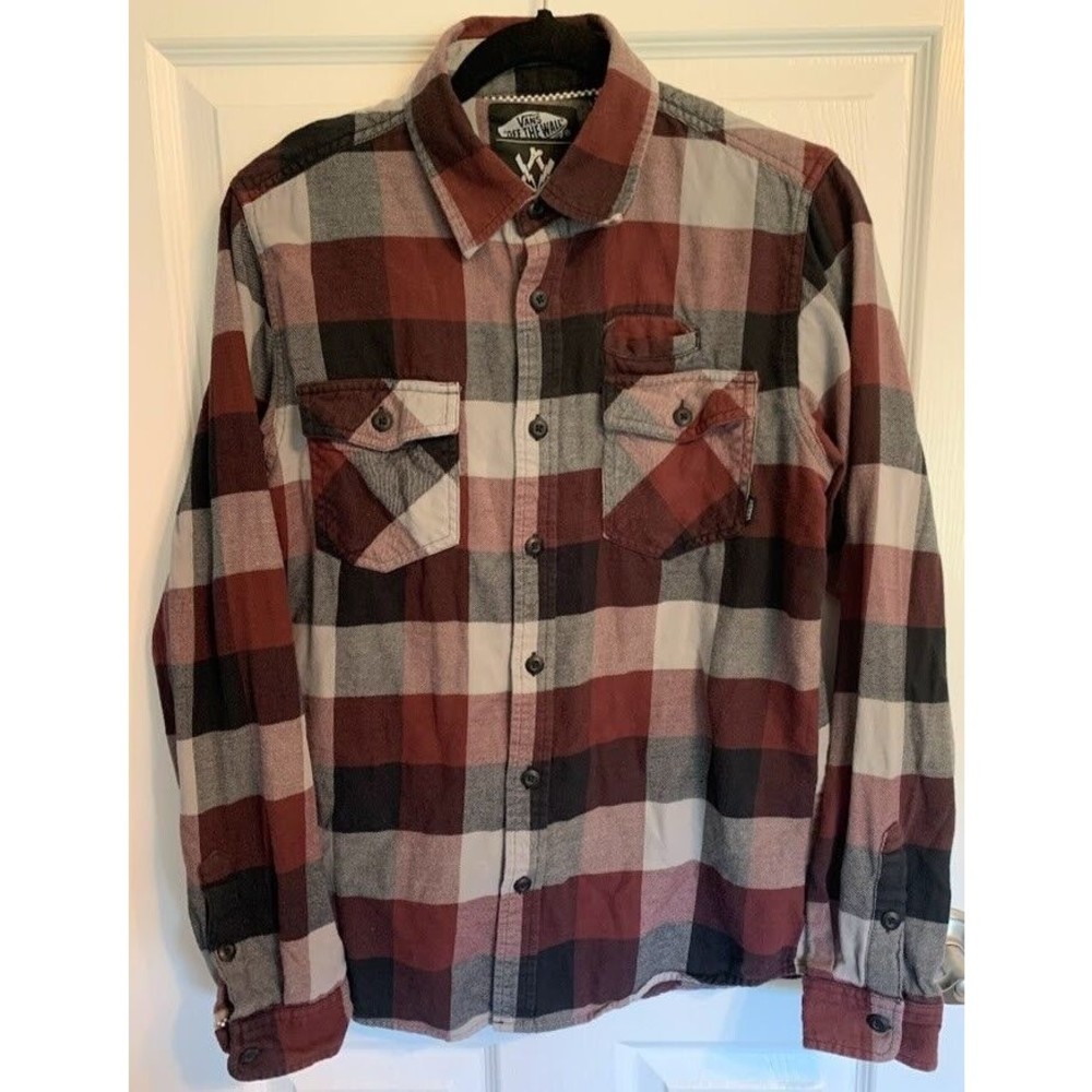 Vans X Cathy Van Engel Mens Flannel Shirt Size Small Burgundy/Gray Plaid
